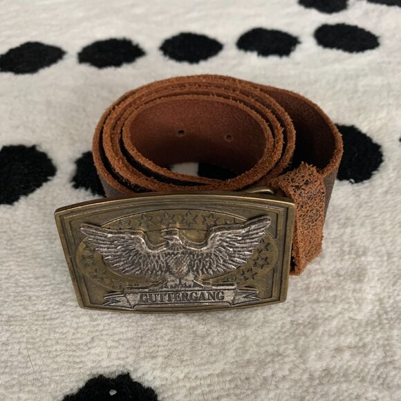 Vintage Y2K Distressed Brown Leather Brass Silver Eagle Buckle Waist Belt - Picture 1 of 16